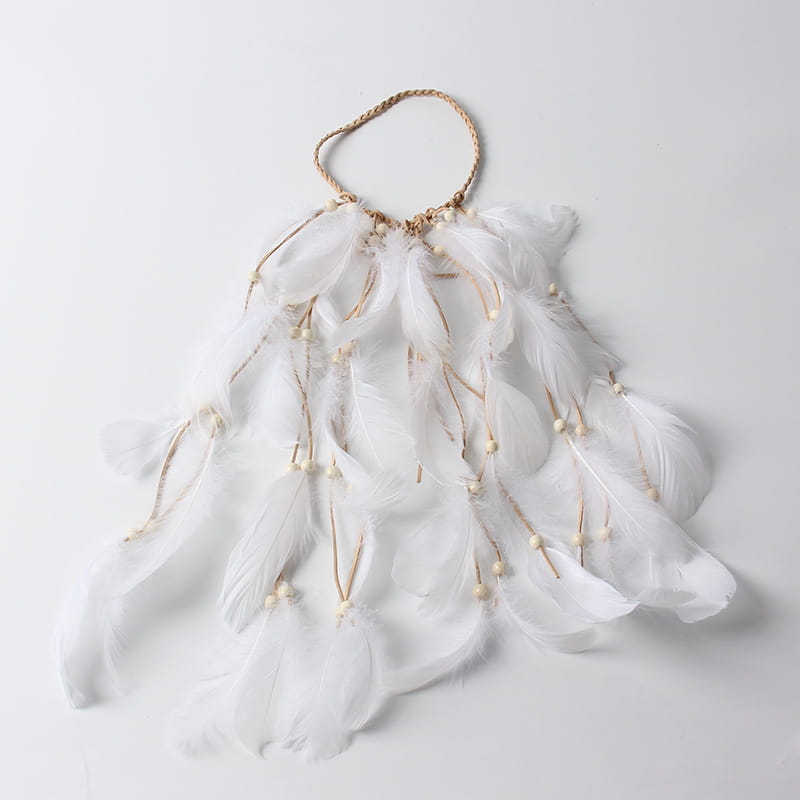 White feather hairband featuring a braided gold-toned band and delicate strands of feathers adorned with small pearl-like beads as elegant feather hair accessories.