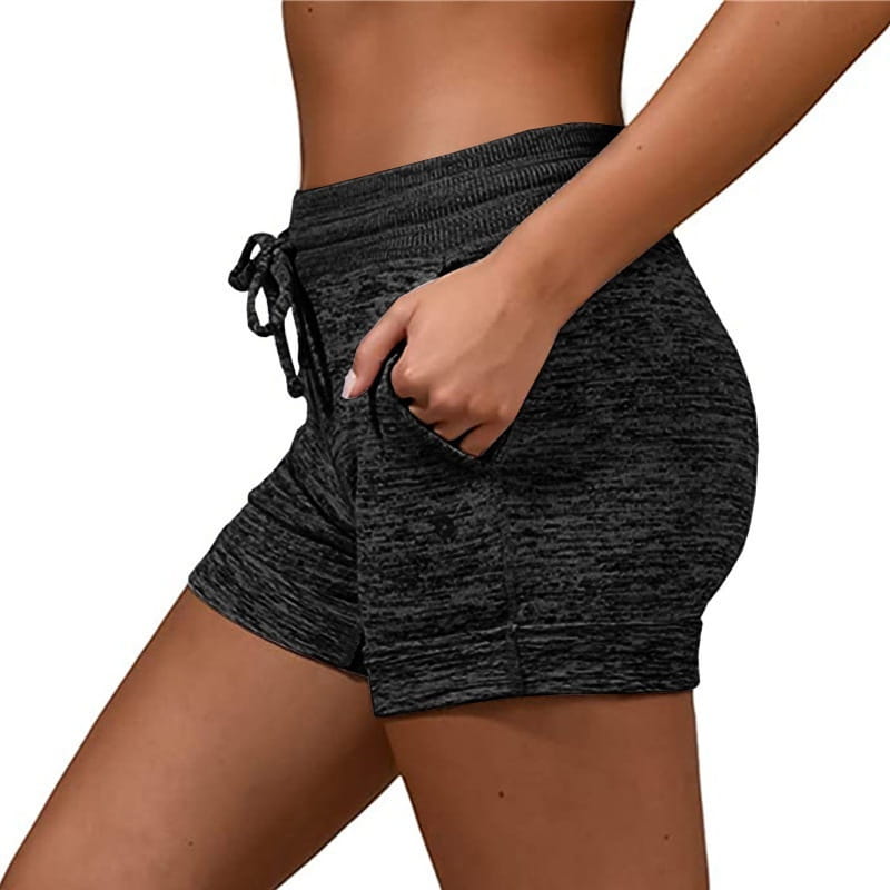 gray heathered women shorts with stretch sports pants feature black marled fabric, a drawstring waistband, and side pockets for athletic use.