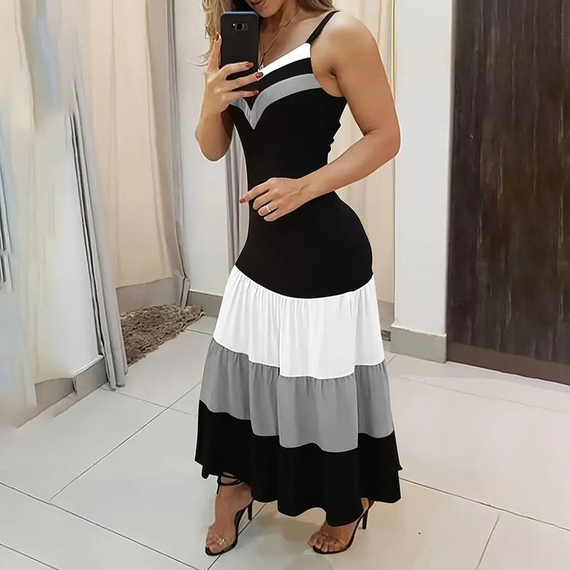 Women's Color Block V Neck Spaghetti Strap Maxi Evening Dress