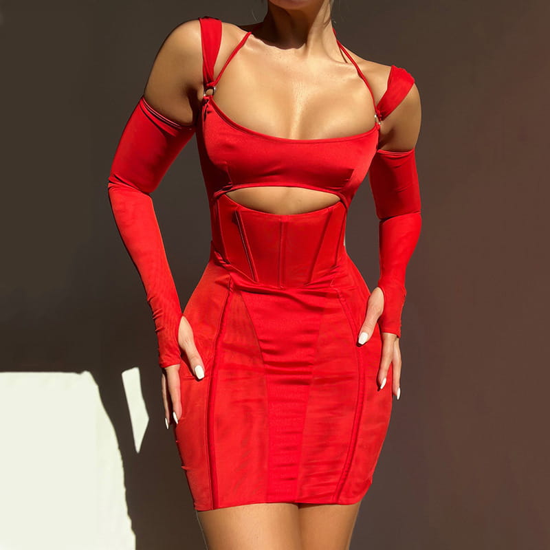 a vibrant red two-piece sling tight dress featuring a form-fitting mesh fabric with long sleeves and a corset-style waist, exemplifying tight dress fashion.