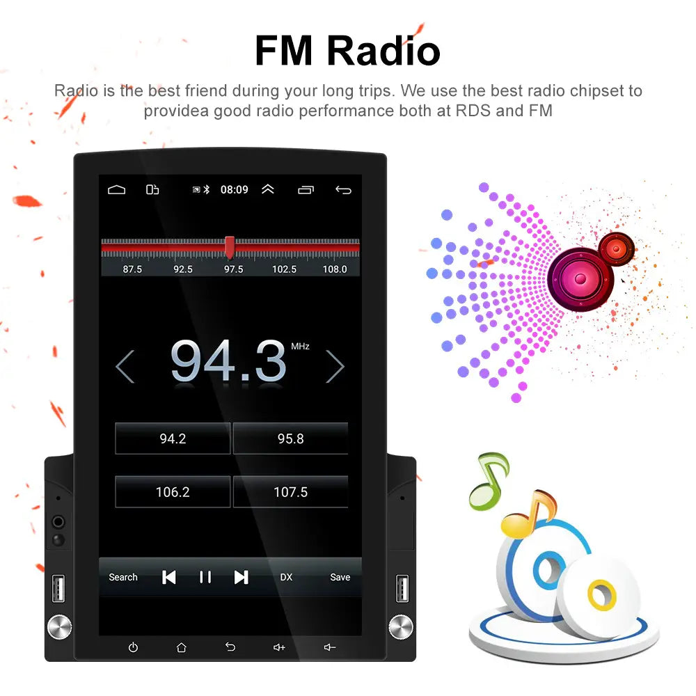 Black touchscreen car radio with large screen digital display showing fm frequency 94.3 mhz in a sleek modern video player navigator for vehicle use.