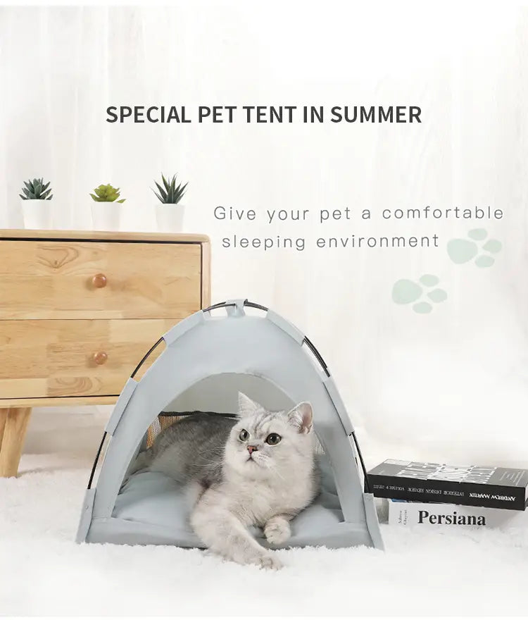 olive green zippered cat tent with metal frame featuring a light gray fabric exterior, soft interior lining, and mesh side panels designed for ventilation as a comfortable dog bed and cat tent option.
