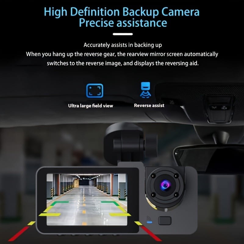 black dashboard-mounted backup camera with small screen displaying reverse assistance features for 4k ultra hd triple recording dash cam for enhanced recording dash safety.