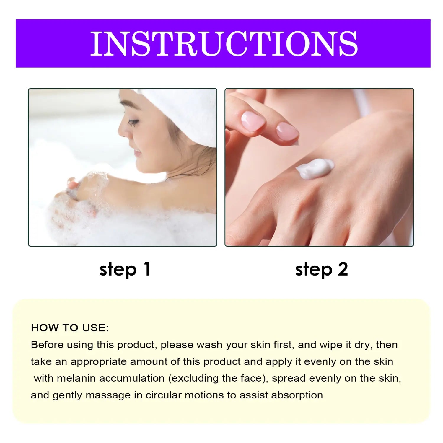 white creamy thigh skin perfecting cream lightens melanin being applied to skin after washing and drying for skin perfecting treatment