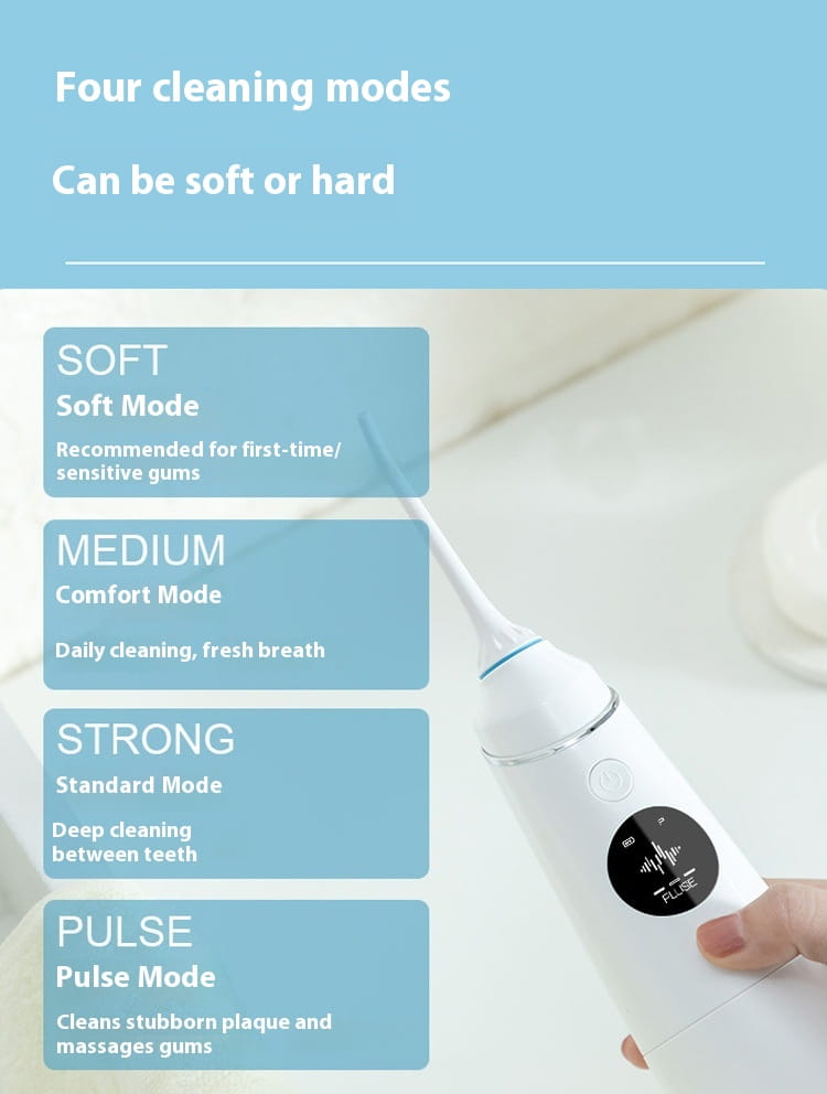 white multifunctional water toothpick electric with digital display featuring a sleek ergonomic design and blue accent near the nozzle