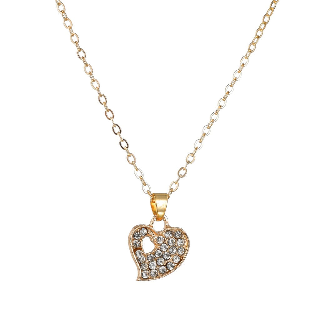 Gold heart-shaped pendant necklace adorned with clear rhinestones as part of a love jewelry set.