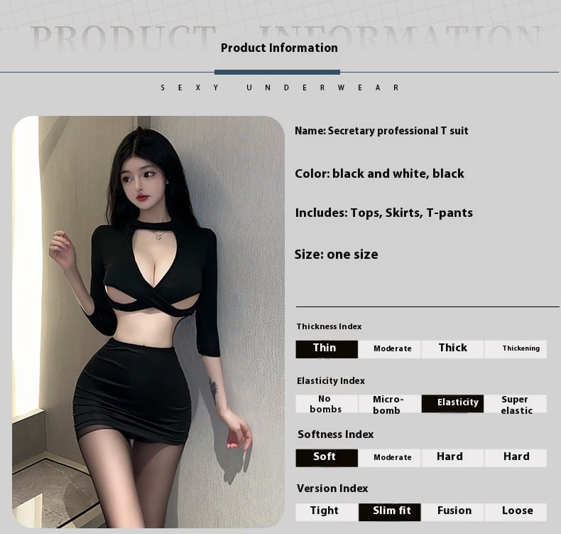 Black sexy underwear long sleeve secretary suit featuring a plunging neckline and cut-out details in a professional t suit design.