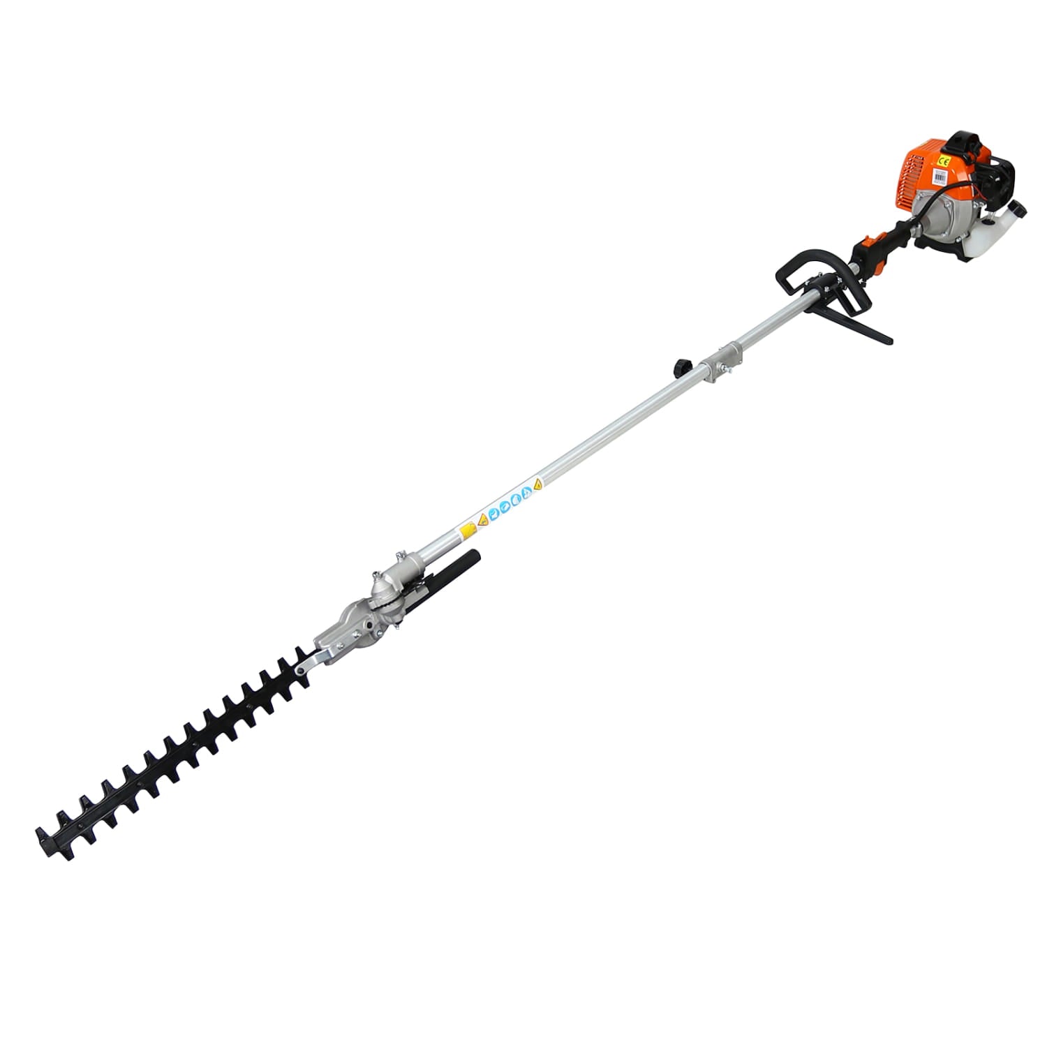 Orange and black gas-powered hedge trimmer with a long silver shaft and serrated black cutting blade for use as a hedge trimmer and brush cutter in a multi tool set including plastic pruning tools.