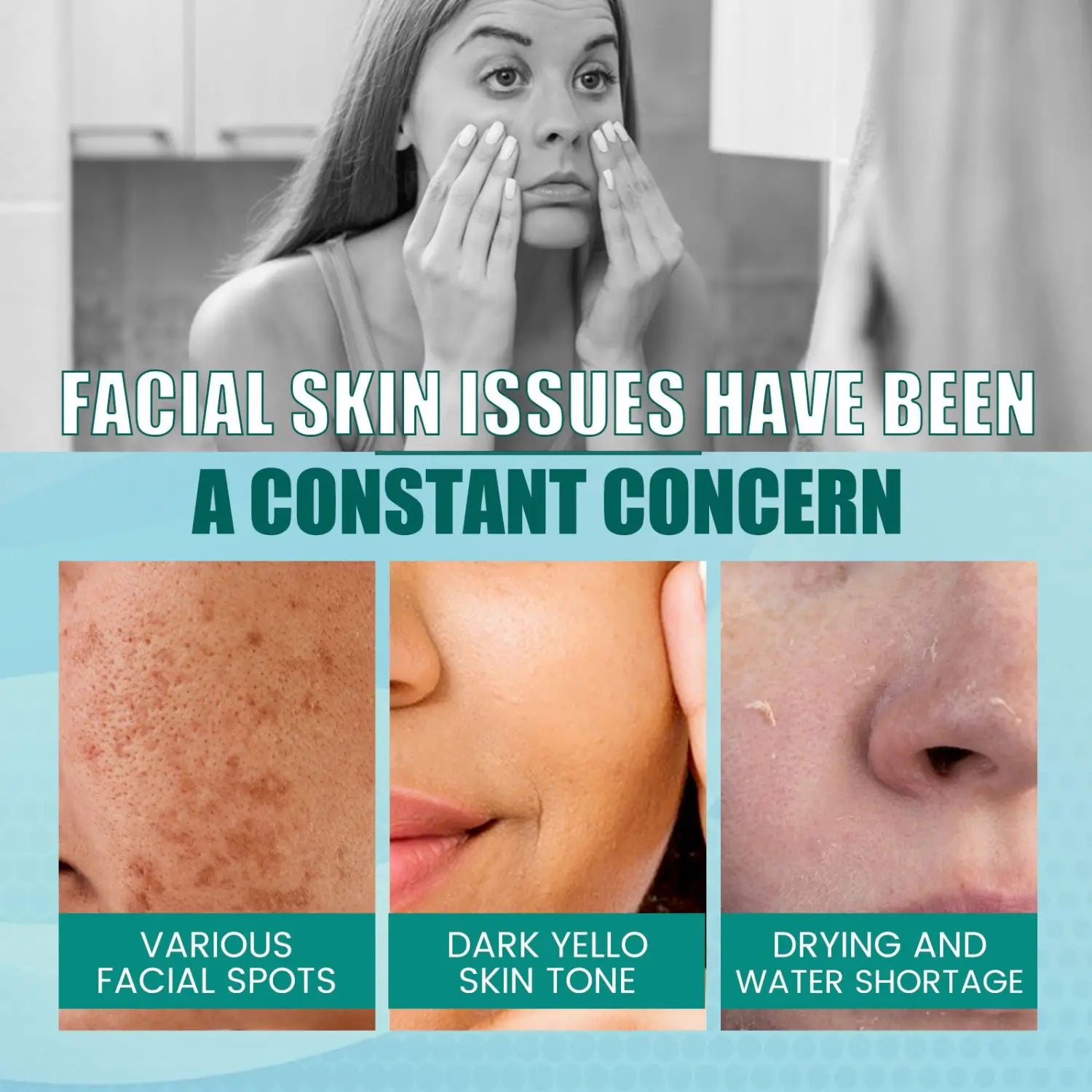 an image showing facial skin issues such as various spots dark yellow skin tone and dryness related to water shortage featured with south moon brightening spot whitening cream for effective brightening spot care.