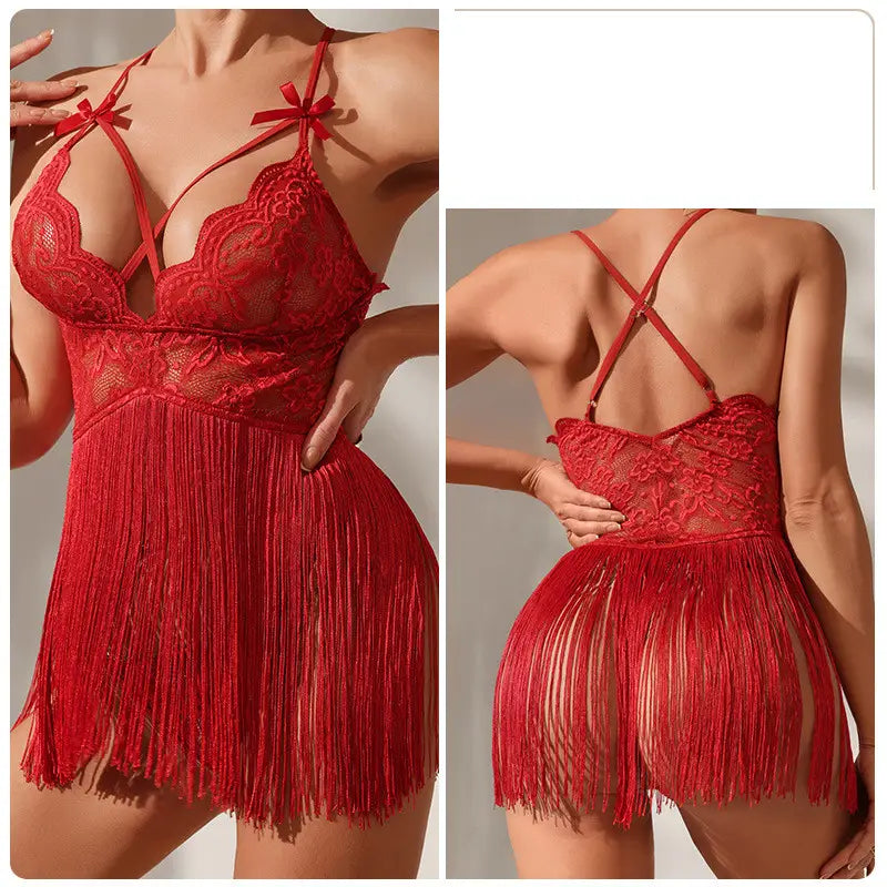 Red lace fashion lace sling night skirt suit featuring a fringed hem and adjustable straps.