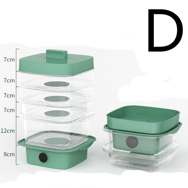 Electric multi layer heat preservation dish cover featuring stackable clear plastic trays with sage green lids and circular vents for effective dish cover heat retention.