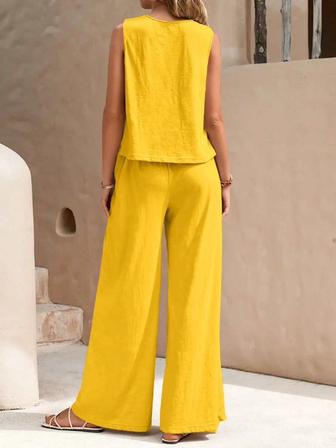 bright yellow sleeveless top and matching wide-leg casual loose pants set ideal for casual loose wear