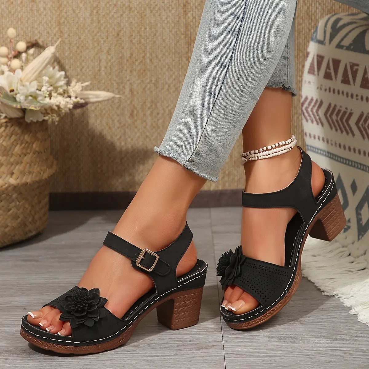 black floral embellished platform chunky heel sandals with wooden block heel and stitched detailing ideal for heel sandals summer looks