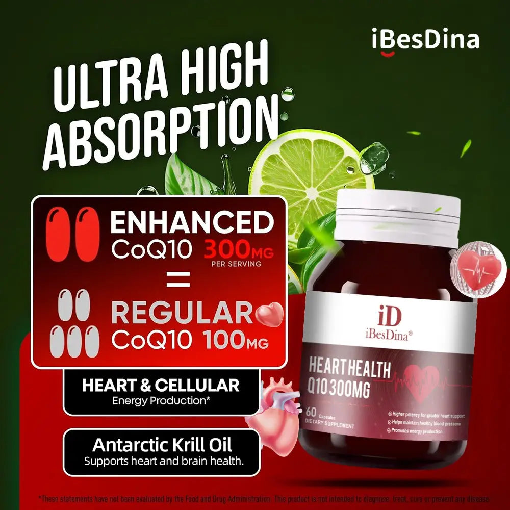 Dark brown glass bottle with white cap and ibesdina brand label for vitality coenzyme tablets supporting heart health and energy metabolism scenarios with coenzyme q10 300mg dietary supplement.