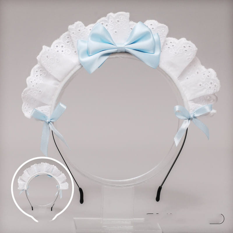 White lace bow maid headband featuring delicate lace with a light blue satin bow and matching ribbons in place of red accents.