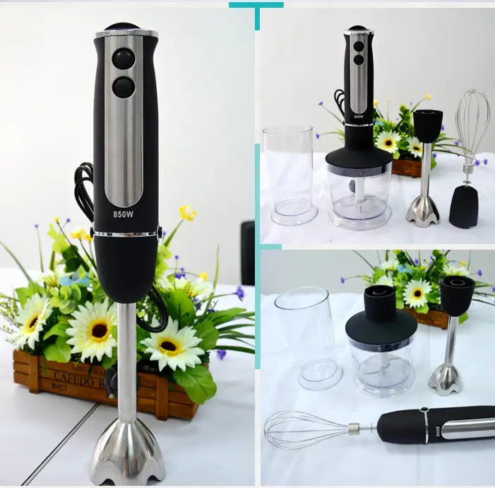 Black and silver stainless steel handheld food stick blender with 850w power, sleek ergonomic design, and stainless steel blade attachment for household handheld food blending.