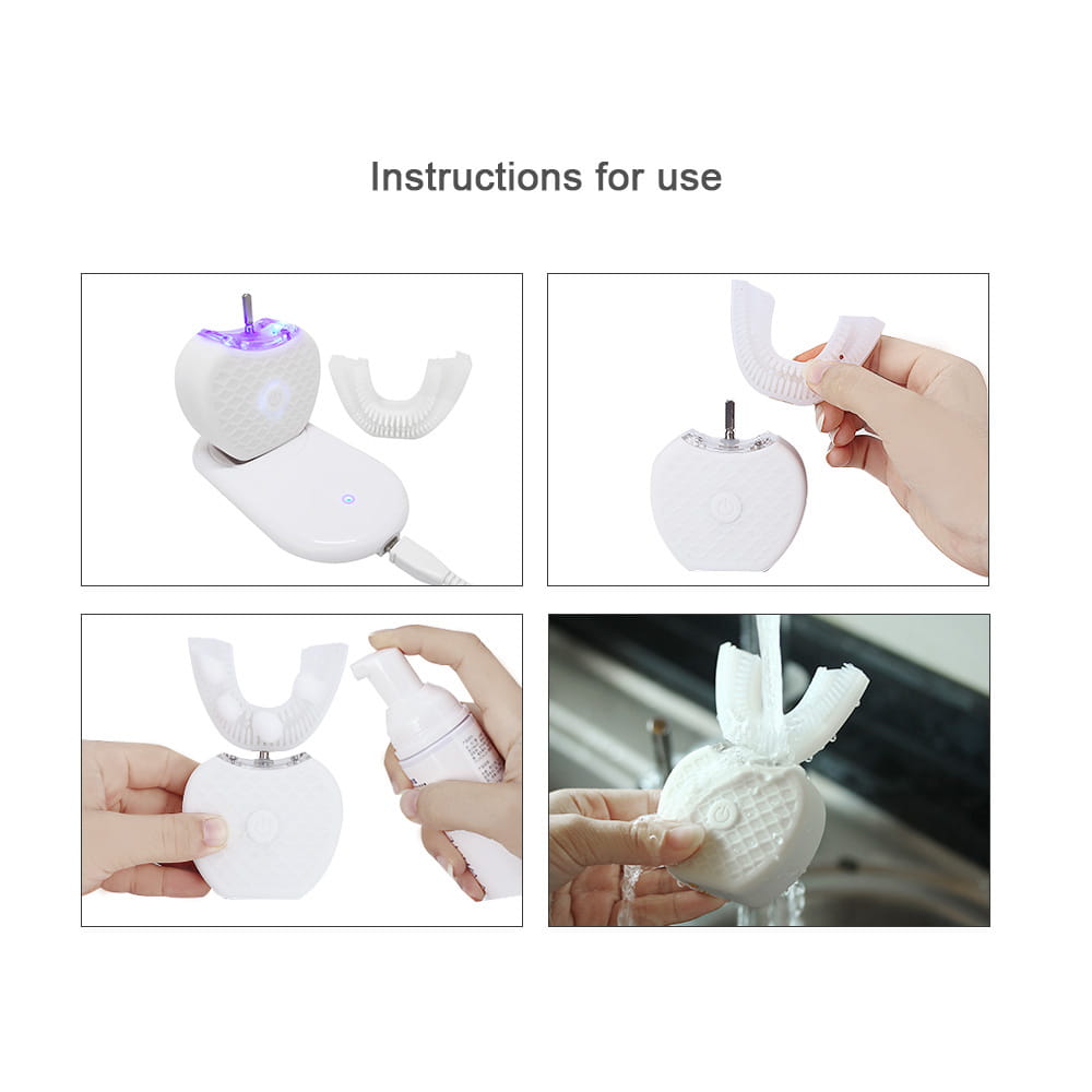 White ultrasonic electric toothbrush with apple-shaped automatic tooth cleaner charger, matching white brush head, and purple led light indicator.