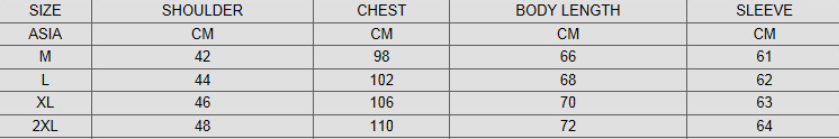 The image displays a size chart in centimeters for color block men’s winter autumn designer hoodies, detailing shoulder, chest, body length, and sleeve measurements for sizes M through 2XL.