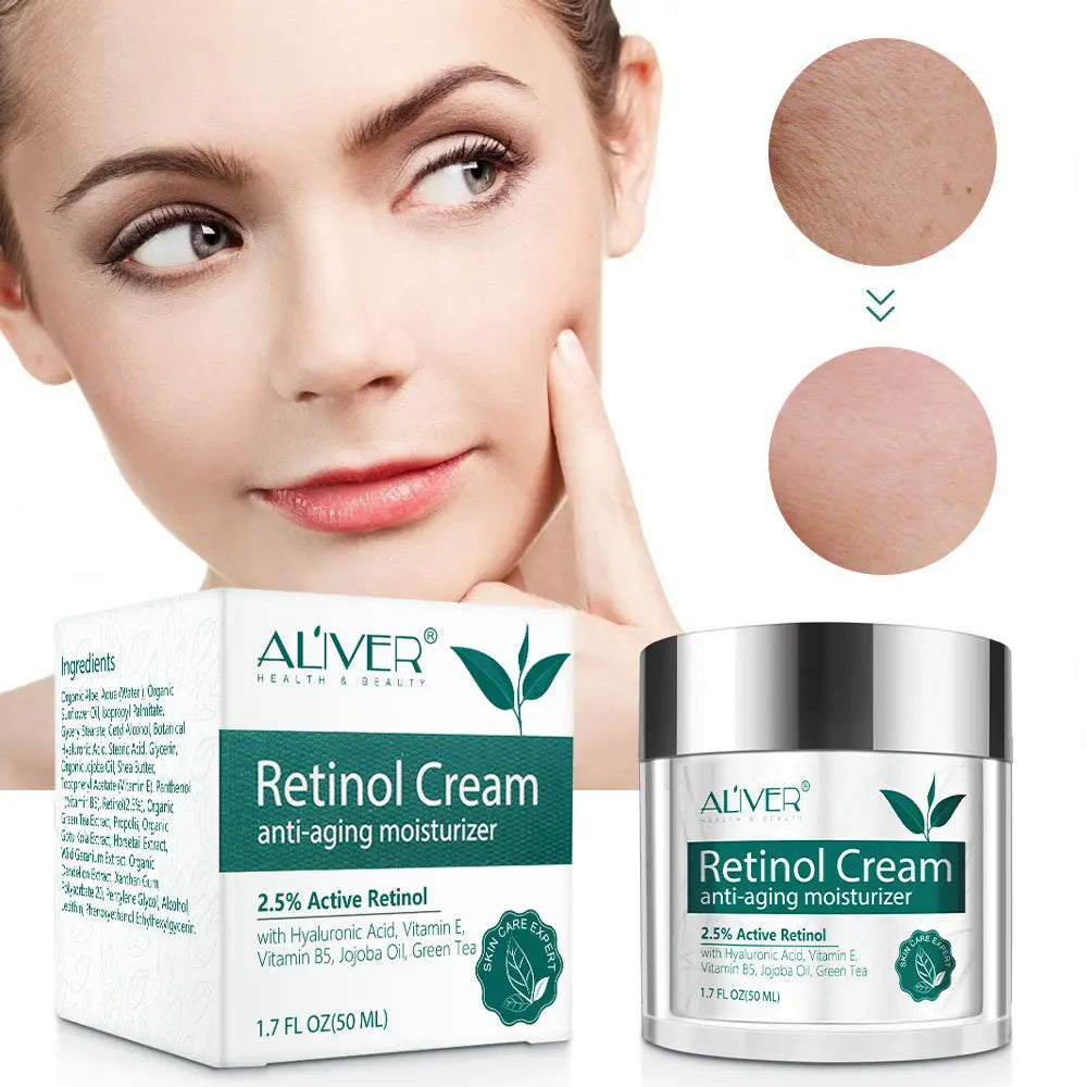 Aliver 2.5% active retinol cream anti aging moisturizer in a sleek silver jar with white and green packaging featuring hydrating ingredients like hyaluronic acid and vitamin e.