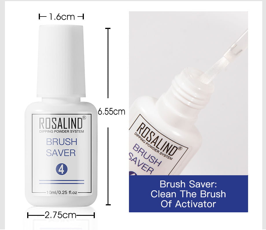 white plastic bottle with white cap labeled rosalind brush saver for cleaning nail brush activator included in a dipping powder nail beauty set for nail beauty.