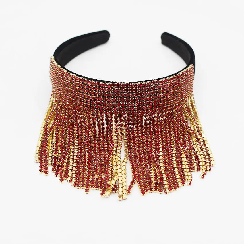 a sparkling red and gold rhinestone tassel diamond pearl bridal headband set with black elastic band suitable as a pearl gift bridal or diamond pearl gift