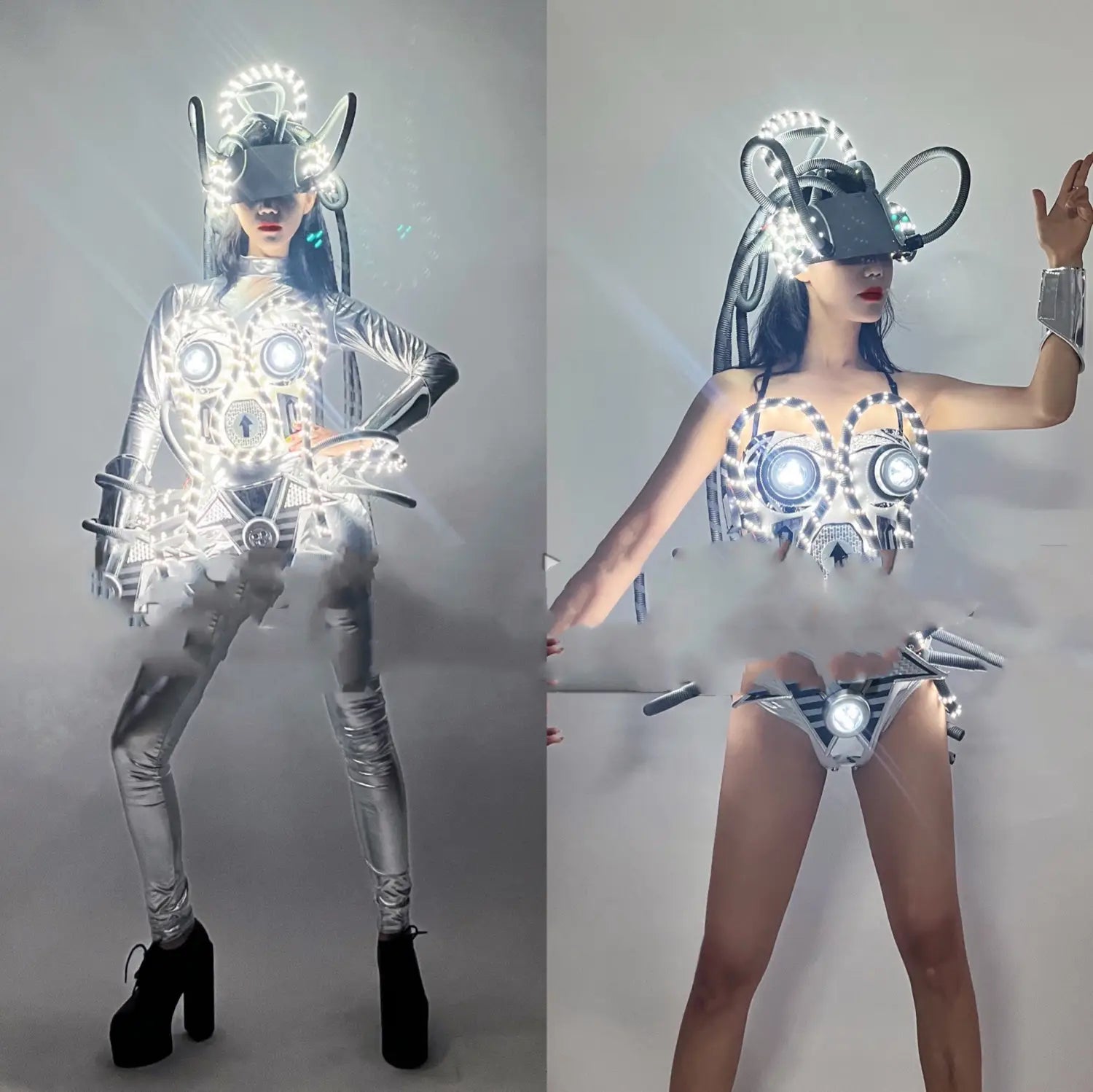 a futuristic shiny silver led luminous chest armor bodysuit with glowing circular lights and mechanical detailing paired with a matching headpiece featuring illuminated wires designed as a costume led luminous set