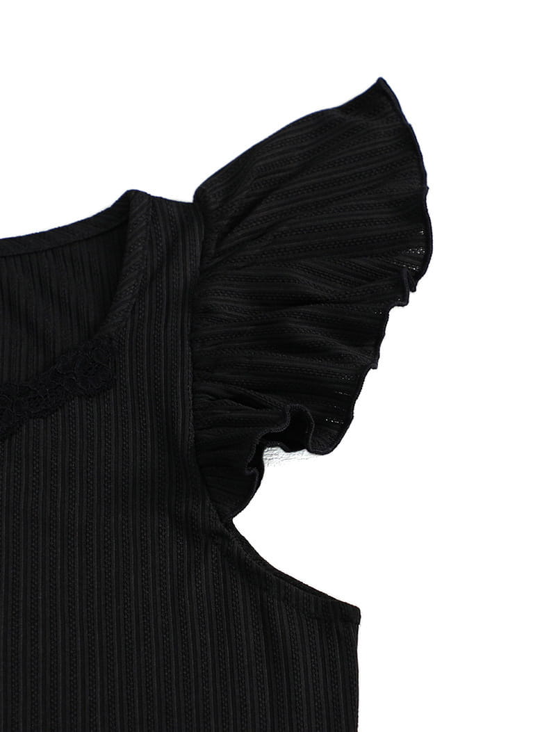 black ribbed fabric top with lace ruffle sleeve detail featured in a comfortable ribbed lace ruffle pajama set