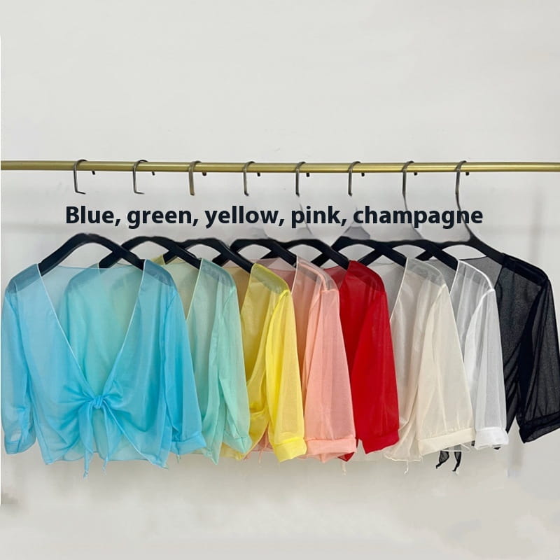 a row of sheer chiffon long sleeved blouses in vibrant blue green yellow pink and champagne colors hang on black hangers suitable for a short shawl summer coat or summer coat sun use
