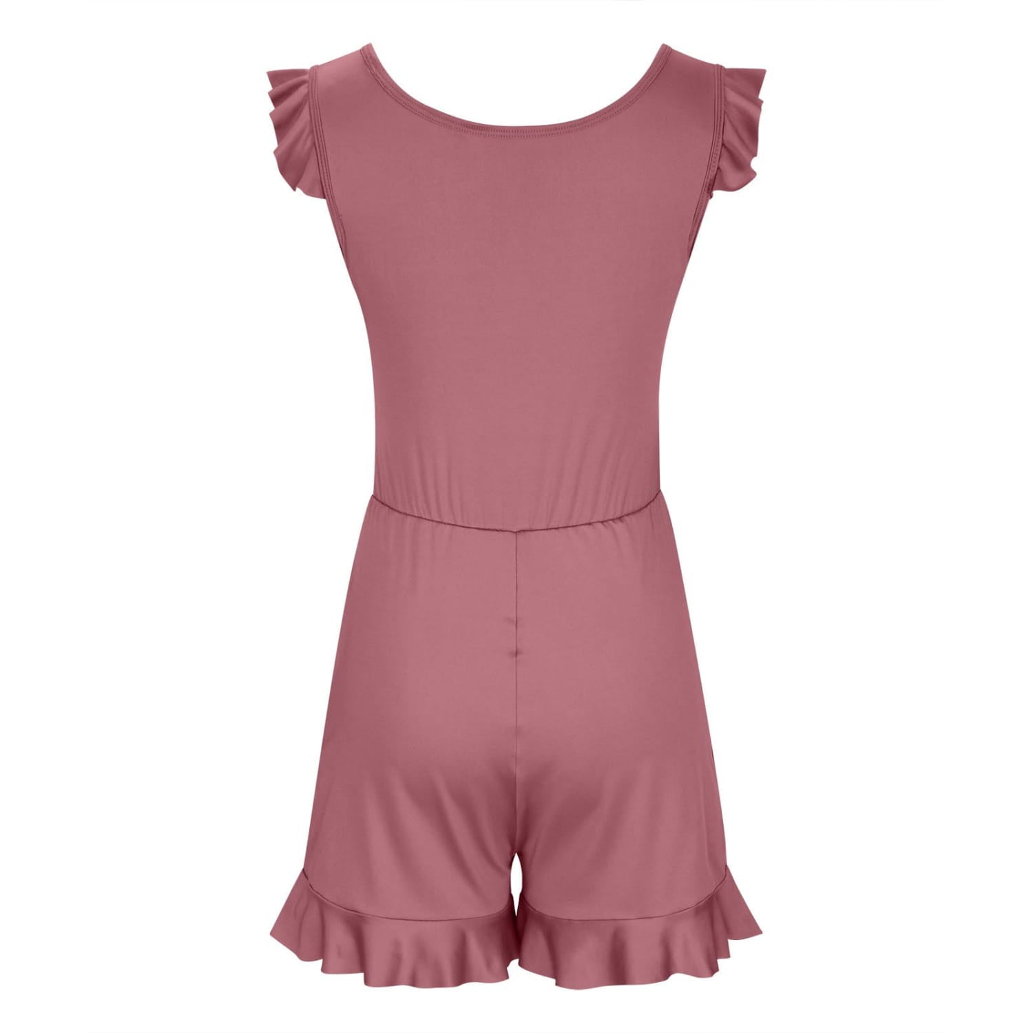 A soft mauve-colored solid color printing bikini ruffled romper swimwear with ruffled shoulder straps and a matching fringed hem.