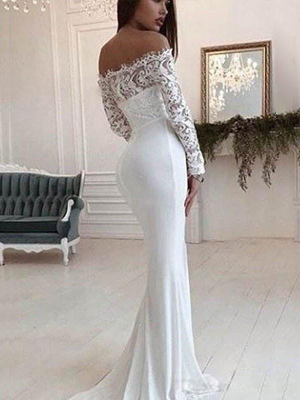 a white off-the-shoulder wedding dress featuring intricate shoulder lace long sleeves and a fitted mermaid bodice perfect for formal occasions