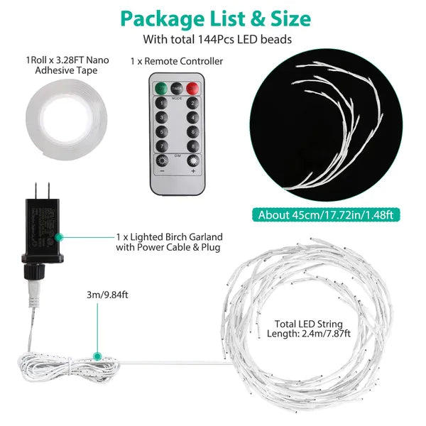 Lighted Birch Twig Garland 7.9ft - 144 LED Warm White with Remote, Timer & 8 Modes