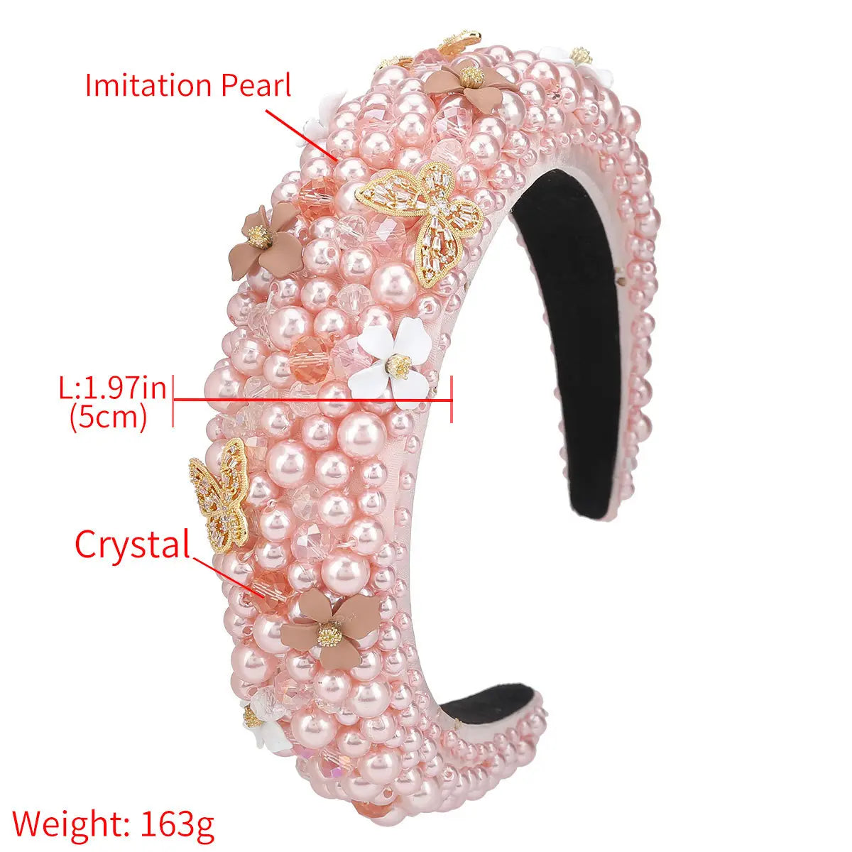 A pink pearl-embellished floral headband with gold butterflies made of fabric designed as fashionable personality hair accessories.