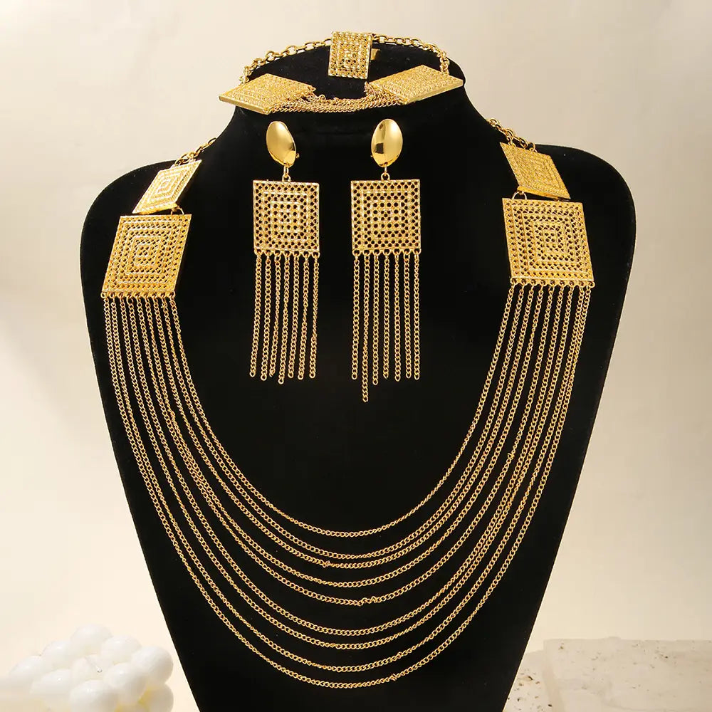 Gold plated 5pcs fashion ladies 18k gold plated necklace set featuring multi-layered design with square mesh pendants and dangling chains.