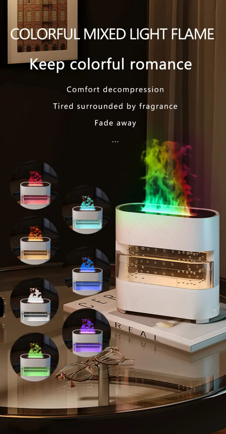 white ceramic rain cloud humidifier aroma diffuser with colorful led flame effect and transparent glass panels for humidifier water drip use
