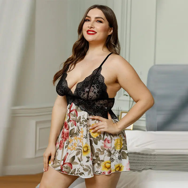 plus size deep v lace stitching pajama dress featuring a black lace bodice and a floral print skirt