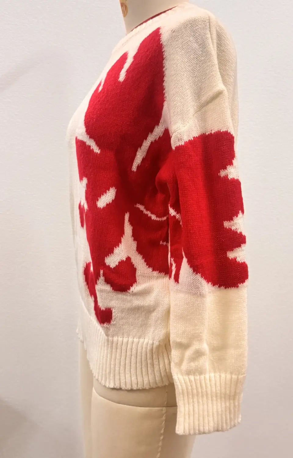 cream-colored knit christmas 3d floral contrast color crewneck sweater with bold red abstract floral pattern across the back and sleeves