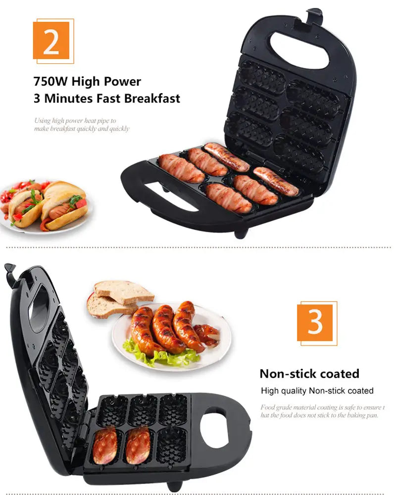 Black plastic 6 slot non stick hot dog sausage frying machine cooking bacon wrapped sausages inside its grid patterned plates.