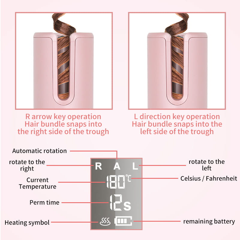 pink wireless automatic curler with a digital lcd screen displaying temperature and time settings and usb charging capability