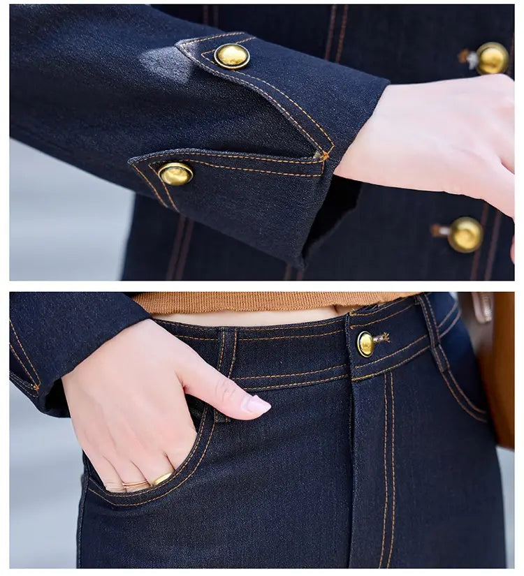 Dark blue denim jacket with gold-tone buttons and contrasting stitching in an elegance retro casual denim jacket and pants set.