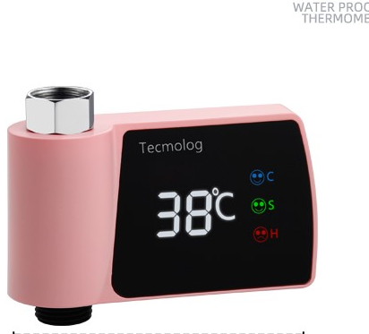 Digital plastic visual shower water thermometer in pink with a digital display showing 38°c and icons indicating celsius safe and hot temperatures for visual shower faucet power consumption water monitoring.