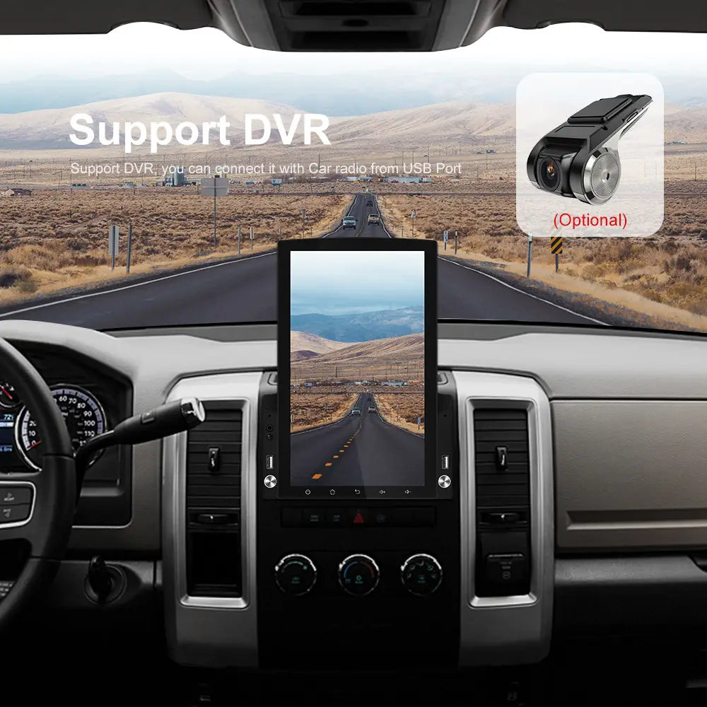 Black touchscreen car stereo with silver trim and circular control knobs featured as a large screen vehicle video player navigator with integrated video player functionality.