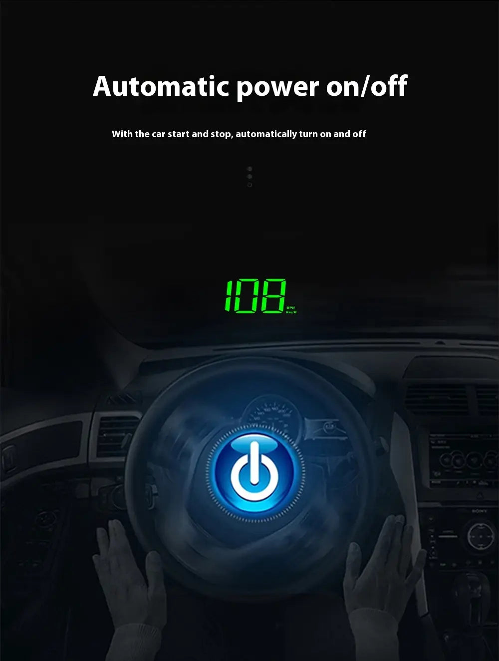 a sleek blue-lit universal head-up display car gps velometer projecting a digital speedometer reading 108 mph and an illuminated power symbol onto the steering wheel
