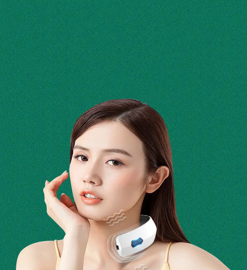 White neck cervical spine integrated massage device with sleek ergonomic design and blue accent button for spine integrated massage therapy.