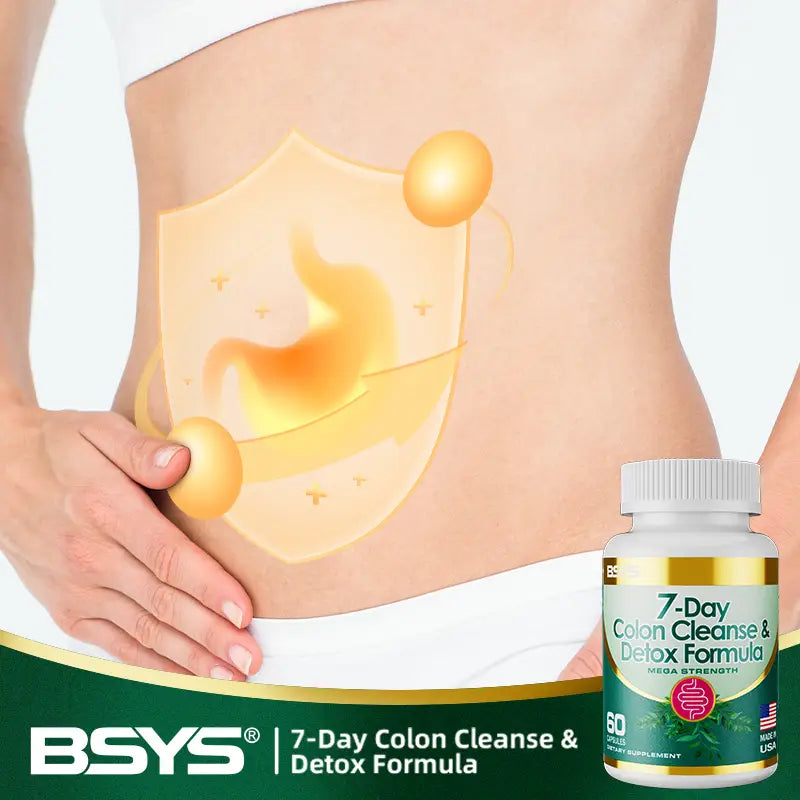 White plastic bottle with gold and green label featuring 7-day colon cleanse and detox formula text for detox formula capsules.