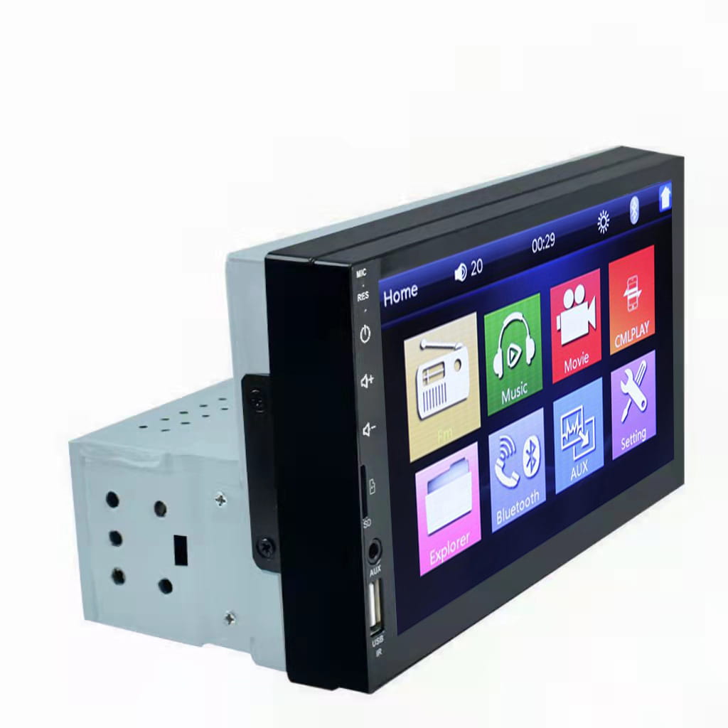 Black 7 inch mp5 player mobile car stereo with touchscreen display showing colorful app icons and connectivity ports on the side for mobile phone interconnection.