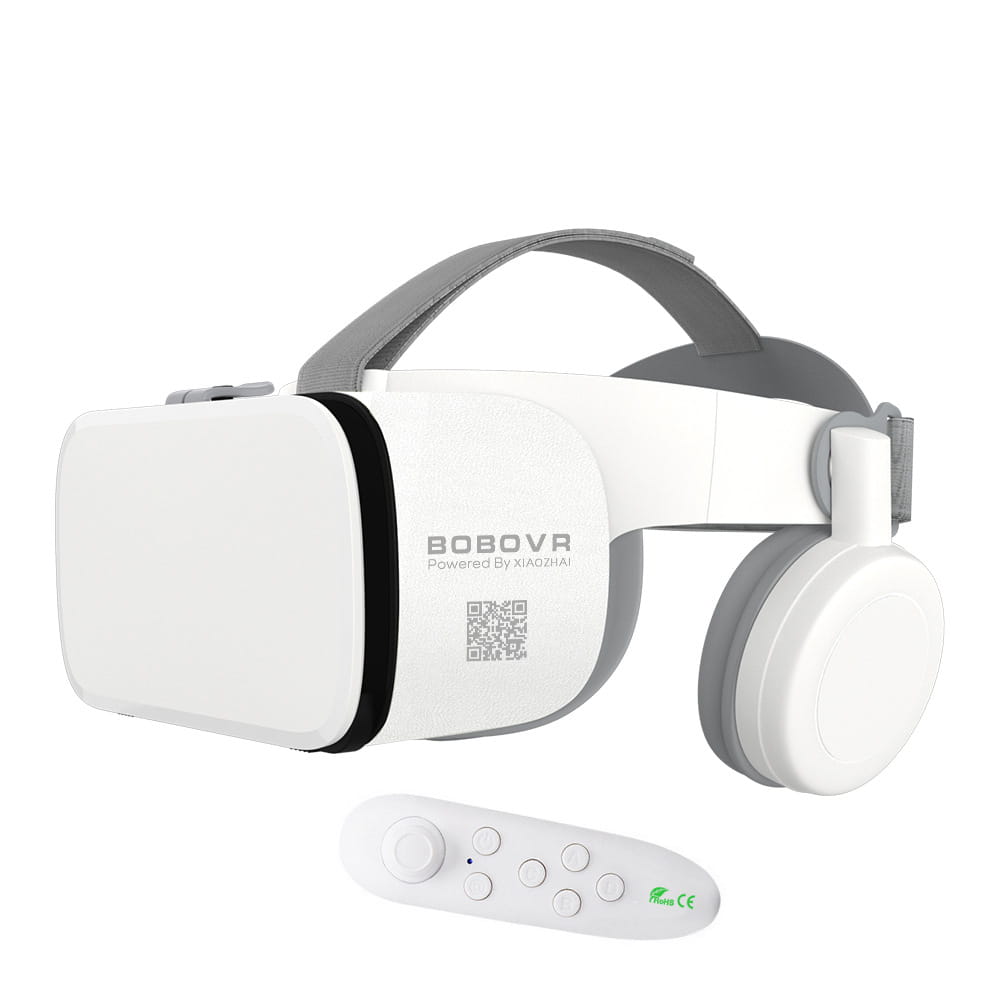 White bluetooth wireless headset vr glasses with a gray headband and matching remote control powered by Xiaomi.