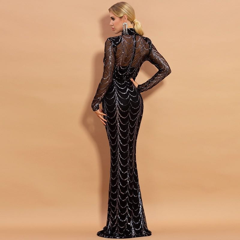 Black sequined women maxi dress featuring a mermaid silhouette with long sheer sleeves and a high neckline, perfect among maxi dresses long for elegant occasions.