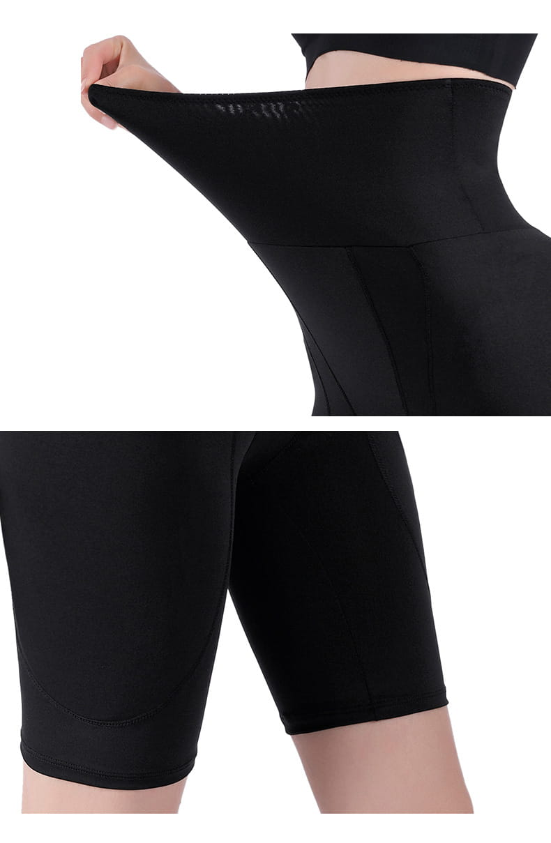 Black high waist body shaper bike shorts with smooth stretchy fabric and subtle seam detailing for tummy control and fat burning high performance.
