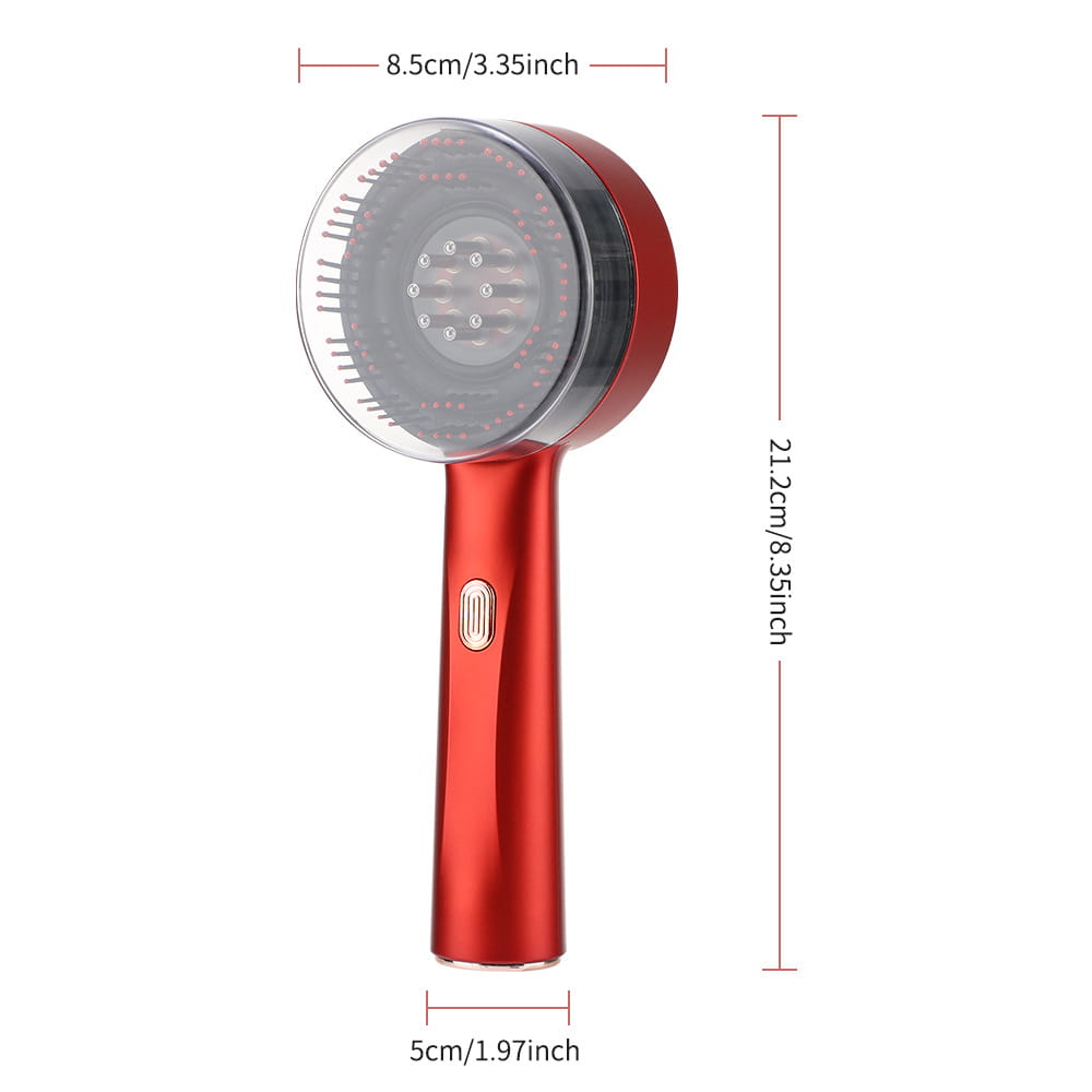 Red handheld electric brush with a transparent circular head containing bristles and small red lights and a sleek metallic handle designed for scalp care massage activating hair growth.
