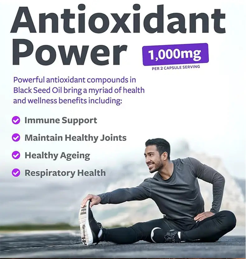 black seed oil capsules shown with each serving of two capsules containing 1000mg of antioxidant black seed oil supplement.